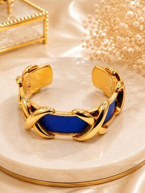 Authentic Hermès Collier de Chien CDC Blue Leather Gold Plated Cuff Bracelet